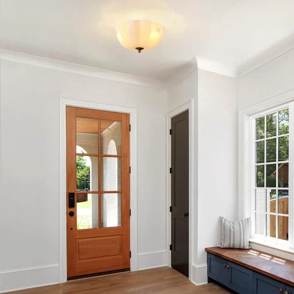 15.94 in. 3-Light Brass and White Bowl Semi-Flush Mount Ceiling Light with Glass Shade