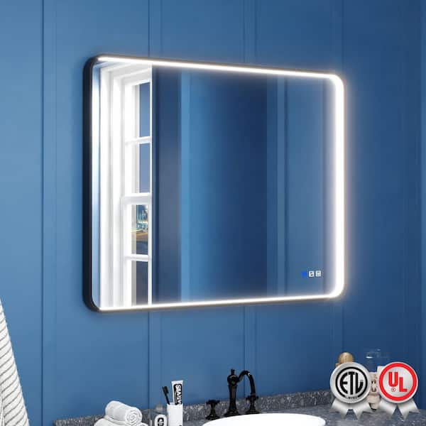 waterpar Frame Light 40 in. W x 32 in. H Rectangular Aluminum Framed Anti-Fog LED Wall Bathroom Vanity Mirror in Black
