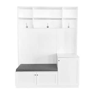 White Multifunctional Hall Tree with Large Cabinets, Convenient Bench with Cushion, 3 Hooks and Storage Shelves