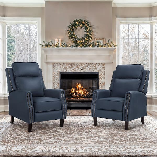 Valkyrie Navy Genuine Leather Recliner Chair Arm Chair with Nailhead Handrails & Adjustable Footrest (Set of 2)