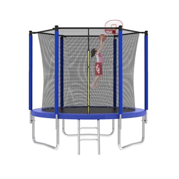 Blue 8 ft. Outdoor Trampoline for Kids and Adults with Enclosure Net
