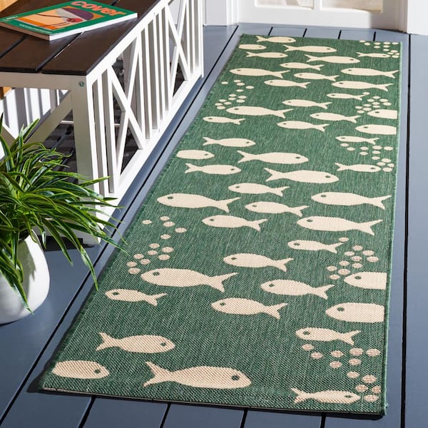 Courtyard Dark Green/Ivory 2 ft. x 14 ft. Novelty Fish Indoor/Outdoor Runner Rug