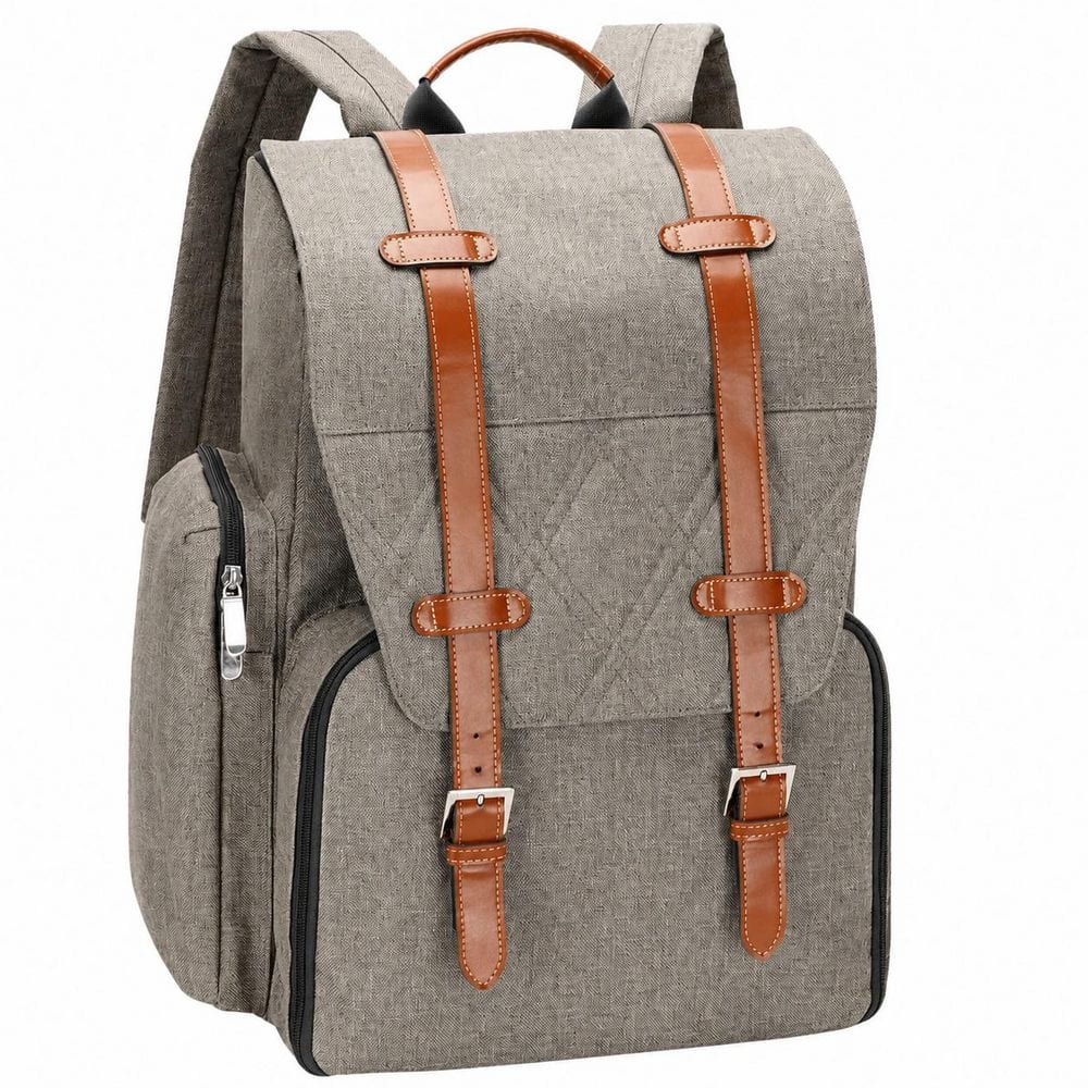 4-Person Brush-Beige Polyester Picnic Backpack Set with Insulated Cooler, Wine Pouch, Blanket and Tableware Kit