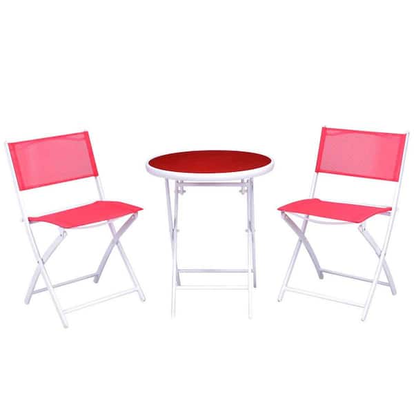 Costway 3-Piece Folding Metal Outdoor Patio Bistro Table Chair Sets in Red