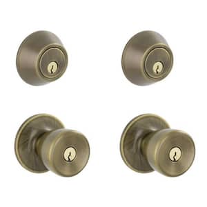 Brill Antique Brass Single Cylinder Deadbolt and Keyed Entry Door Knob Project Pack