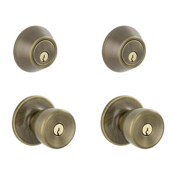 ESSENTIALS by Schlage Brill Antique Brass Single Cylinder Deadbolt and Keyed Entry Door Knob Project Pack