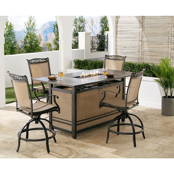 Hanover Fontana 5 Piece Aluminum Outdoor Dining Fire Patio Set 4 Swivel Chairs And Gas Pit Table Bronze All Weather Fnt5pcpfpbr - Hanover Bronze Patio Set