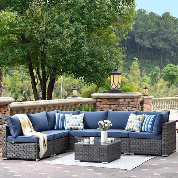 OVIOS Positano Gray 7-Piece Wicker Outdoor Patio Conversation Seating Set with Denim Blue Cushions