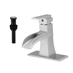 Single Handle Single Hole Bathroom Faucet with Pop-Up Drain Modern Waterfall Brass Bathroom Sink Taps in Brushed Nickel