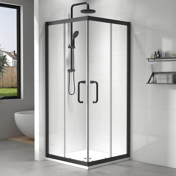 36 in. W x 72 in. H Square Sliding Framed Corner Shower Enclosure in Matte Black Finish with Clear Glass