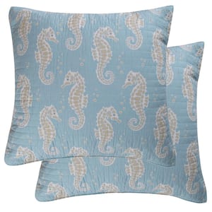 Maui Blue Taupe, White and Blue Seahorse Cotton 26 in. x 26 in. Euro Sham (Set of 2)