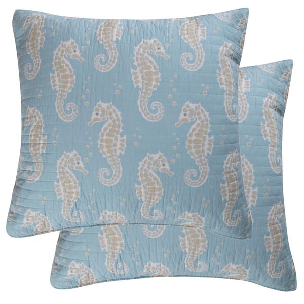 LEVTEX HOME Maui Blue Taupe, White and Blue Seahorse Cotton 26 in. x 26 in. Euro Sham (Set of 2)