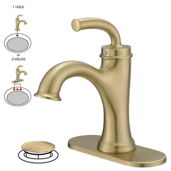 BWE Single Handle Bathroom Faucet For One Hole with 3 Holes Deck Plate and Metal Drain In Brushed Gold