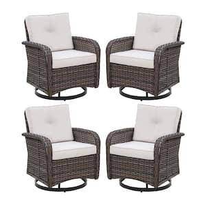 4-Piece Brown Wicker Patio Outdoor Rocking Chair 360° Swivel Rocking Chair with Beige Cushions