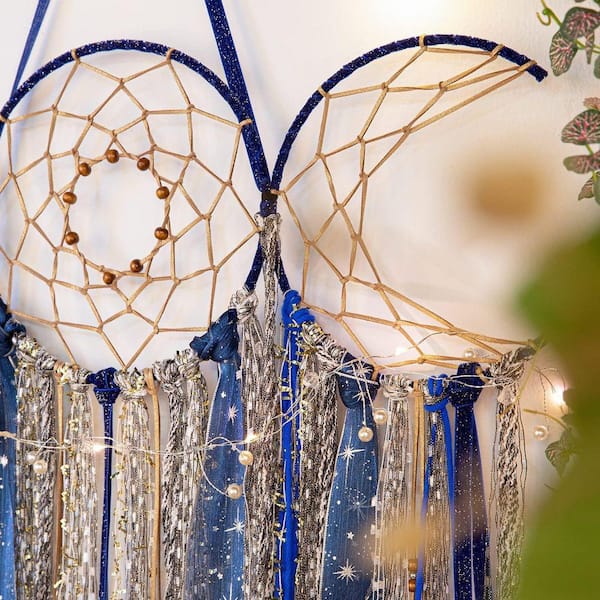 Blue 21.3 in x 35.4 in Cotton Moon Goddess Macrame Dreamcatcher