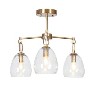 Modern 19.3 in. 3-Light Plated Brass Semi-Flush Mount with Bell Glass Shades