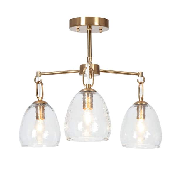 LNC Modern 19.3 in. 3-Light Plated Brass Semi-Flush Mount with Bell Glass Shades