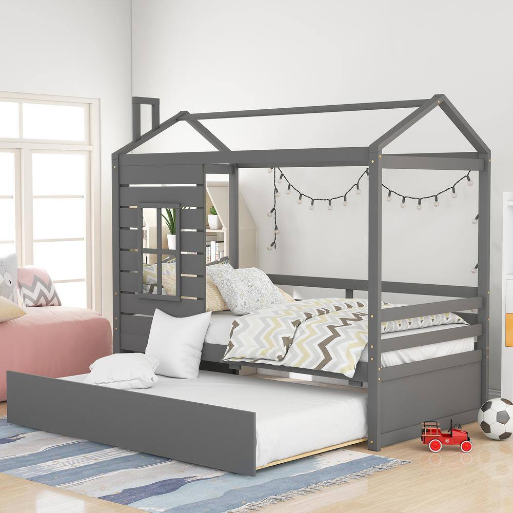 JASMODER Twin Size House Bed Wood Bed with Twin Size Trundle ( Gray ...