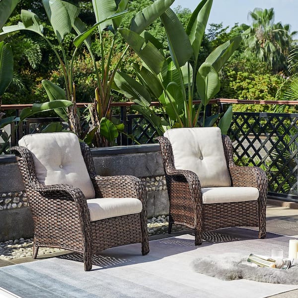Gymojoy Carolina Brown Wicker Patio Outdoor Chair with Beige Cushions (2-Pack)