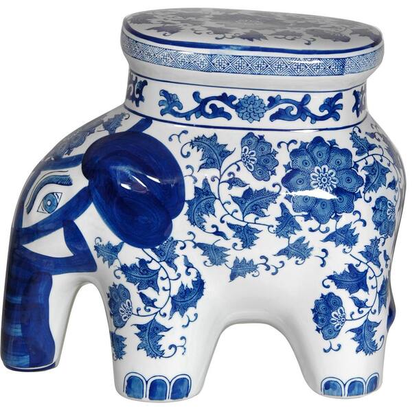 Oriental Furniture Oriental Furniture 14 in. Floral Blue and White Porcelain Elephant Stool