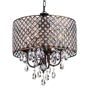 Marya 4-Light Modern Antique Copper Round Chandelier with Beaded Drum Shade /Hanging Clear Glass Crystals