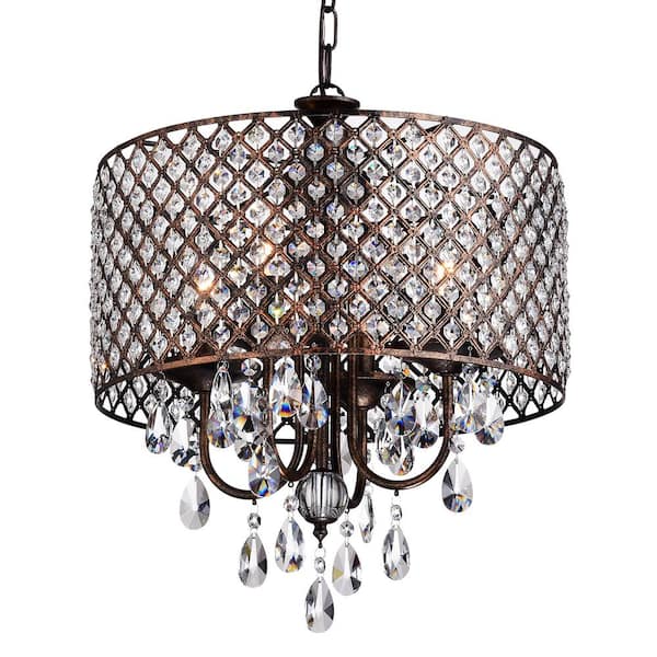 Edvivi Marya 4-Light Modern Antique Copper Round Chandelier with Beaded Drum Shade /Hanging Clear Glass Crystals