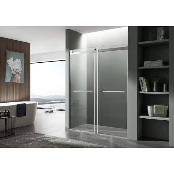Kahn Series 57 to 60 in. x 76 in. H Sliding Frameless Shower Door in Brushed Nickel with Tsunami Guard Tempered Glass