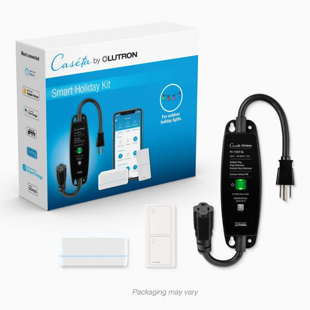 Caseta Outdoor Smart Plug On/Off Switch Holiday Light Starter Kit with Smart Hub and Remote, String Lights/Inflatables -  Lutron, P-PKG1OUT-HUB