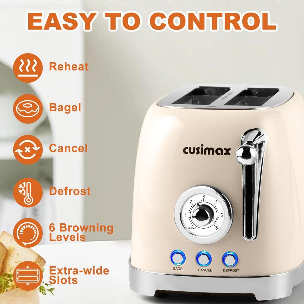 Beige 2-Slice Wide Slot Toaster with Crumb Tray