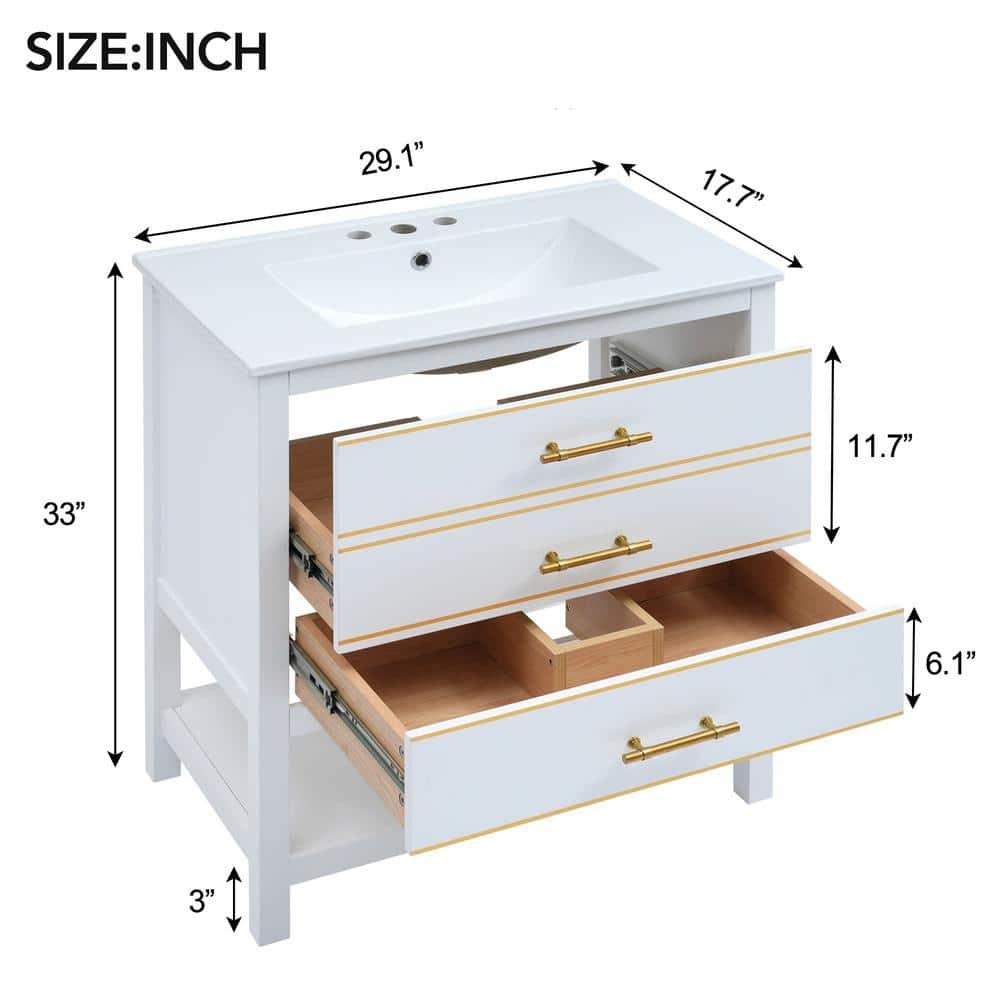 White and Gold Freestanding Single Sink Vanity with Ceramic Top