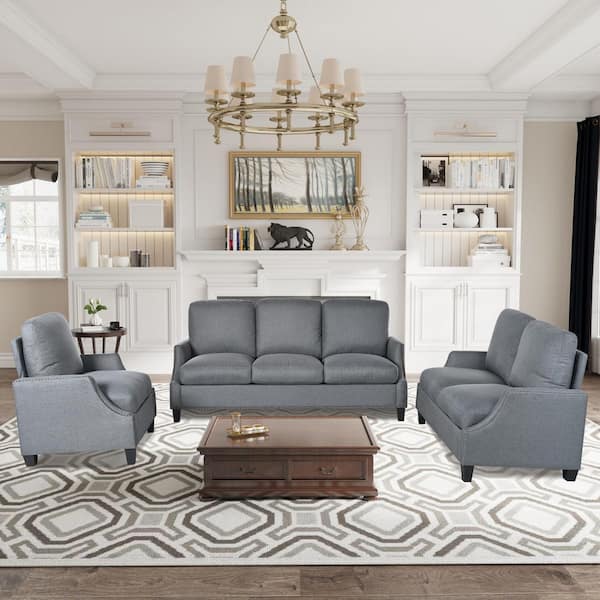 Molly 3-Piece Gray Polyester Upholstered Living Room Set with Armrest