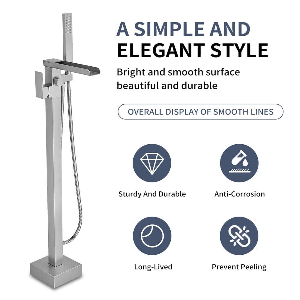 Brushed Nickel Freestanding Waterfall Tub Faucet with Hand Shower