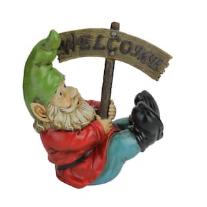 10.5 in. Silly Gnome with Welcome Sign Outdoor Garden Statue