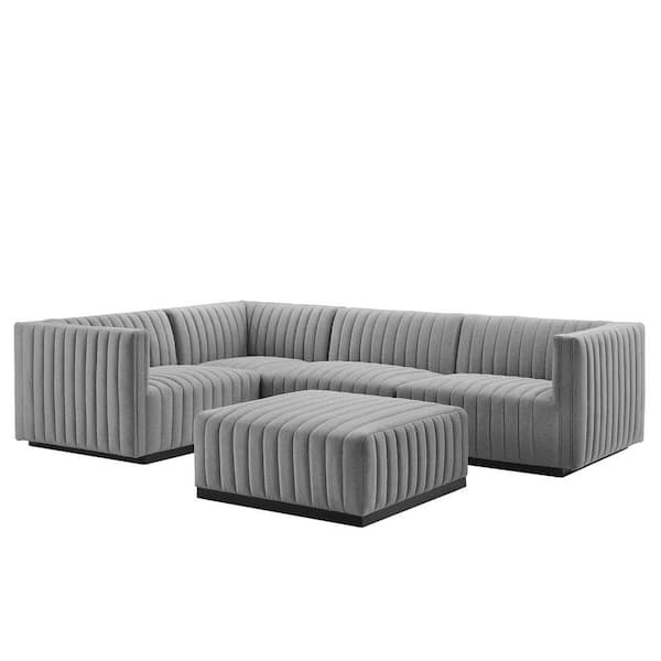 MODWAY Conjure 73 in. W Channel Tufted Upholstered Fabric 5-Piece Symmetrical Sectional in Black Light Gray