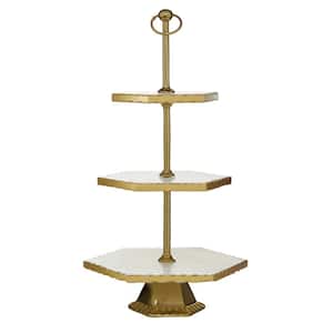 White Marble 3 Decorative Tiered Server with Gold Base