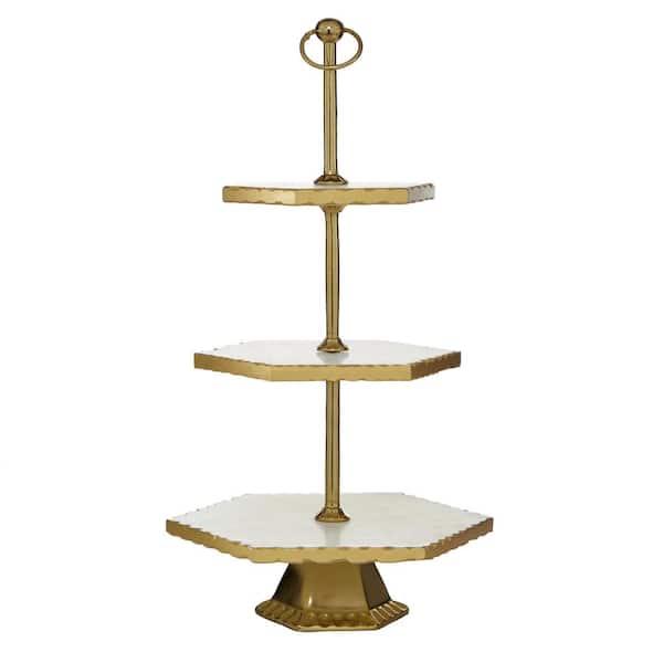 Litton Lane White Marble 3 Decorative Tiered Server with Gold Base