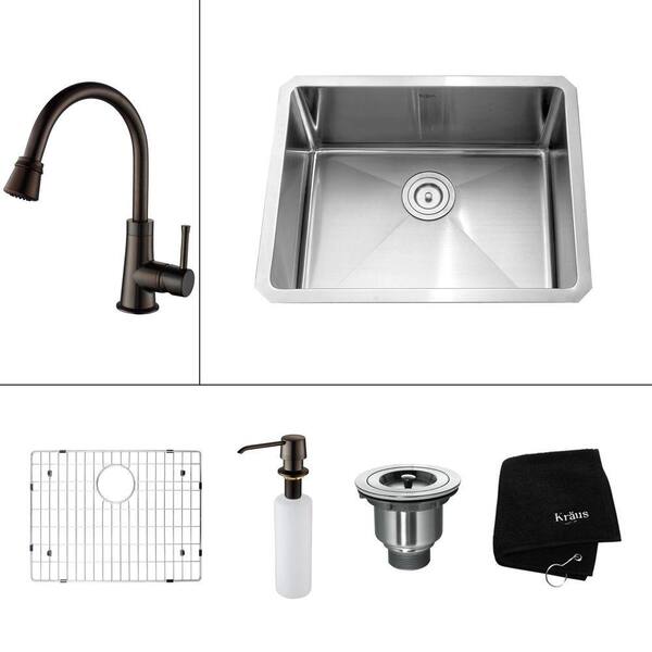 KRAUS All-in-One Undermount Stainless Steel 23x18x14.9 in. 0-Hole Single Bowl Kitchen Sink with Oil Rubbed Bronze Accessories