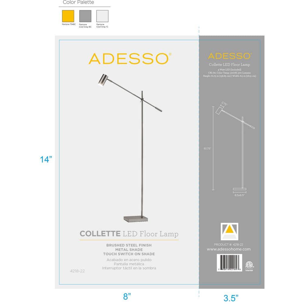 Sleek Brushed Steel LED Floor Lamp with Touch Sensor and Adjustable Arm