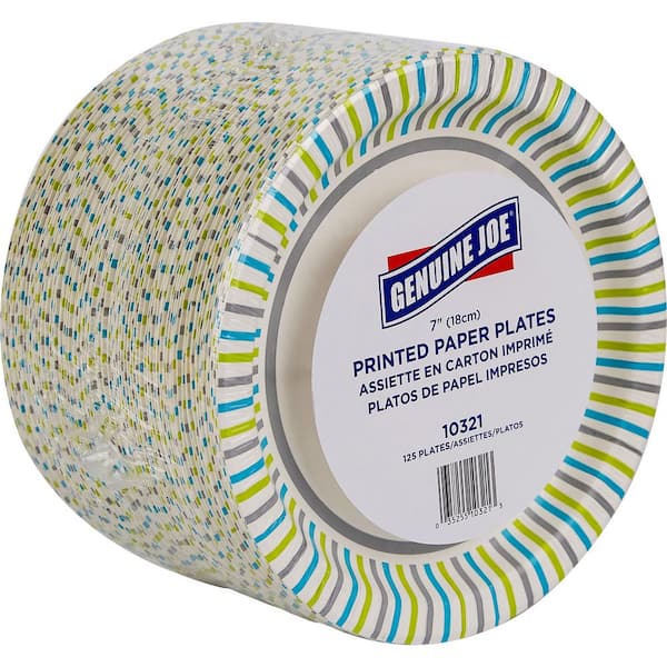 Genuine Joe 7 in. Multicolor Striped Disposable Paper Plates, 125/Pack