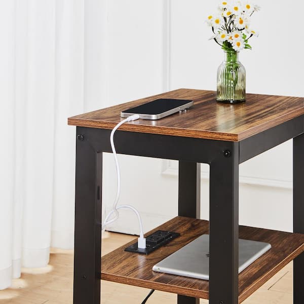 15.7 in. Side Table with USB Charging Ports, 3-Tier Rectangle End Table Brown MDF Nightstand for Small Spaces