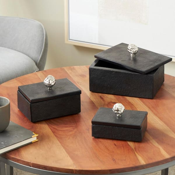 Litton Lane Rectangle Marble Box with Textured Silver Aluminum Knobs (Set of 3)
