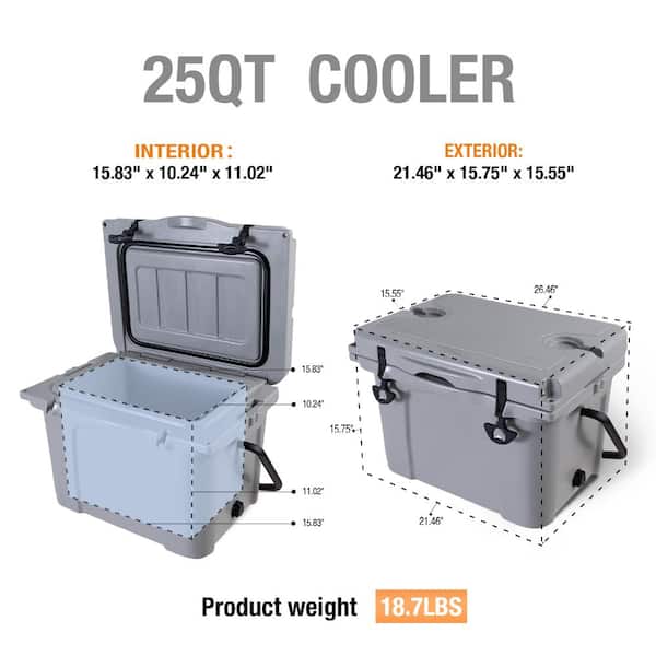 25QT Grey Insulated Hard Cooler, 5-Day Ice Retention for Camping