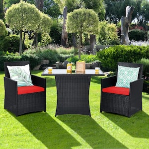 3-Piece Wicker Rectangular 28" Outdoor Dining Set with Tempered Glass Top Table and Red Cushions