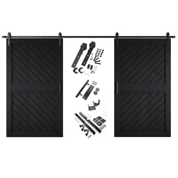 HOMACER XT2 48 in. x 84 in. C-Panel Black Slanted Stripe Design Double Pine Wood Sliding Barn Door with Hardware Kit