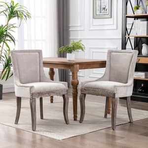 Elegant Beige Fabric Upholstered Dining Chairs Side Chair with Wood Legs, Bronze Nail Head and Backrest (Set of 2)