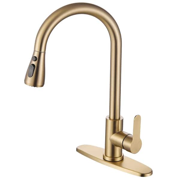 Zalerock Pause Mode Single Handle Pull Down Sprayer Kitchen Faucet with Deck Plate Included in Brushed Gold