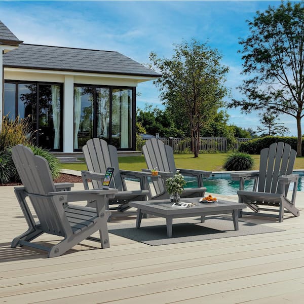 Adirondack Chair 4-set HDPE All-Weather Outdoor Fireproof with Oversized Seat Wood-Textured Dual Cup Holders, Gray