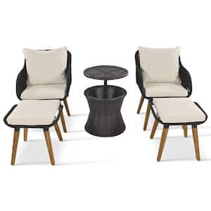 5-Piece Metal Patio Conversation Set with Wicker Cool Bar Table, Ottomans, Beige Cushions