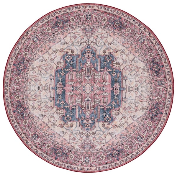 SAFAVIEH Tucson Beige/Pink 6 ft. x 6 ft. Machine Washable Floral Medallion Border Round Area Rug