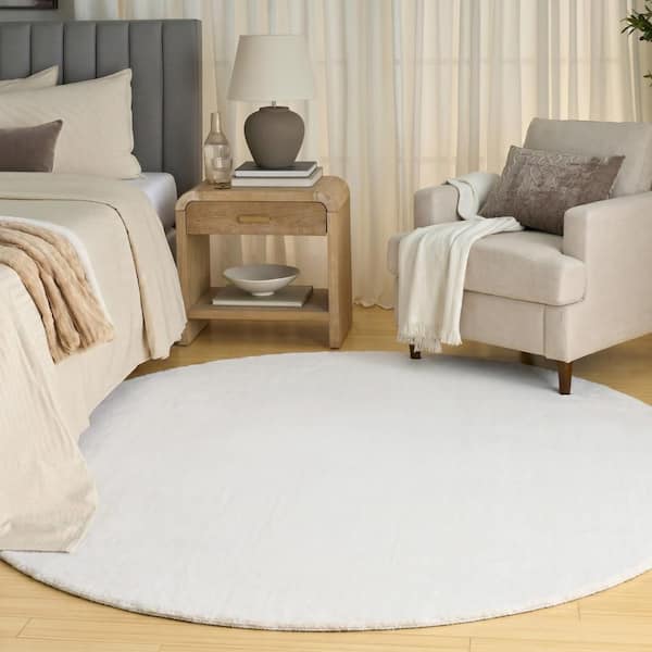 Soft Plush Rabbit Fur White 5 ft.  Round x 5 ft. Solid Contemporary Round Area Rug